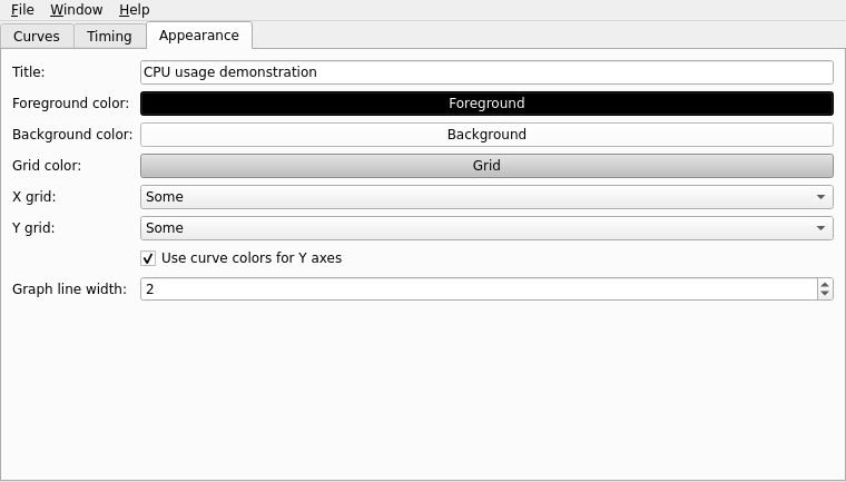 Controls window Appearance tab with title, foreground and background colors, grid options, colored axes, and line width