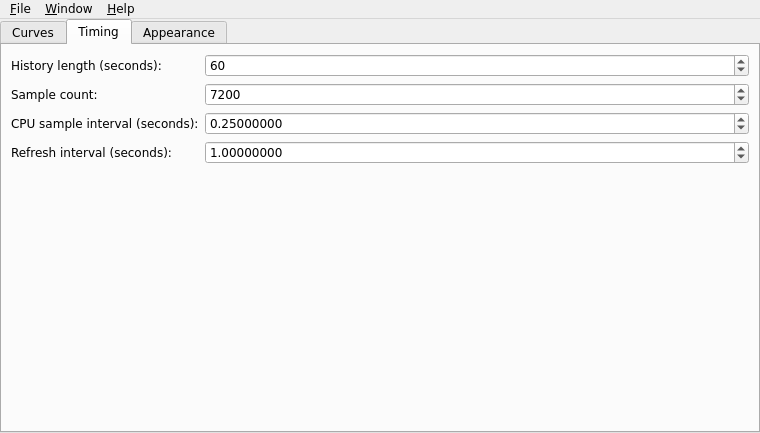Controls window Timing tab with history length, sample count, CPU sample interval, and refresh interval fields